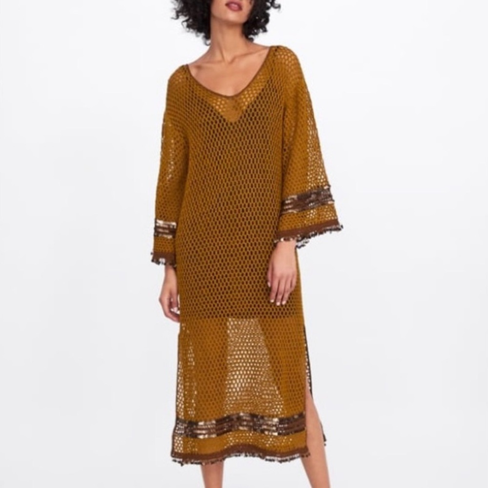 Zara mustard crochet knit bell sleeve sequin embellished kaftan dress